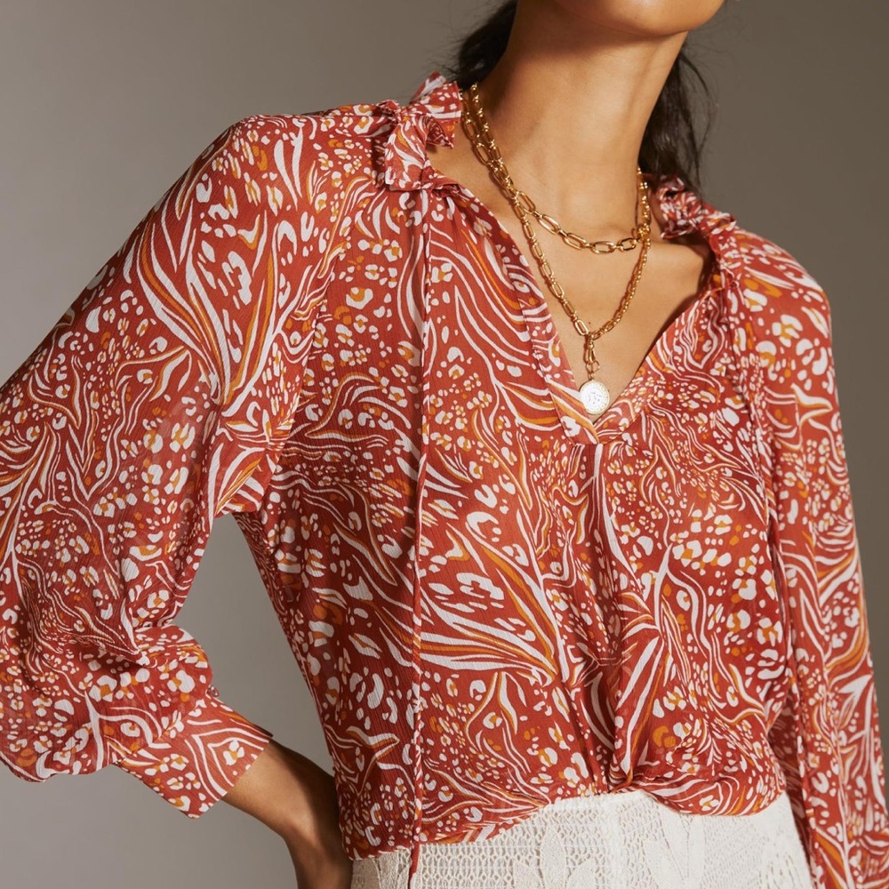 Anthropologie Sheer Printed Peasant Blouse - Picture 2 of 7